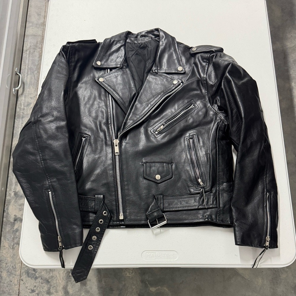 Unbranded Leather Biker Jacket Mens 40 Black Excellent Belted Moto Asymmetrical